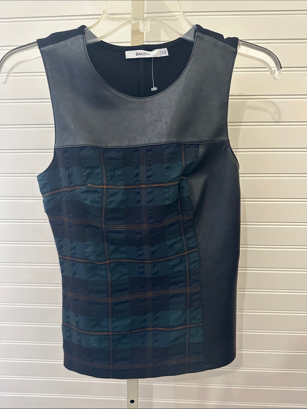 Bailey 44 Black and Teal Plaid Faux-Leather Panel Shirt Top XS